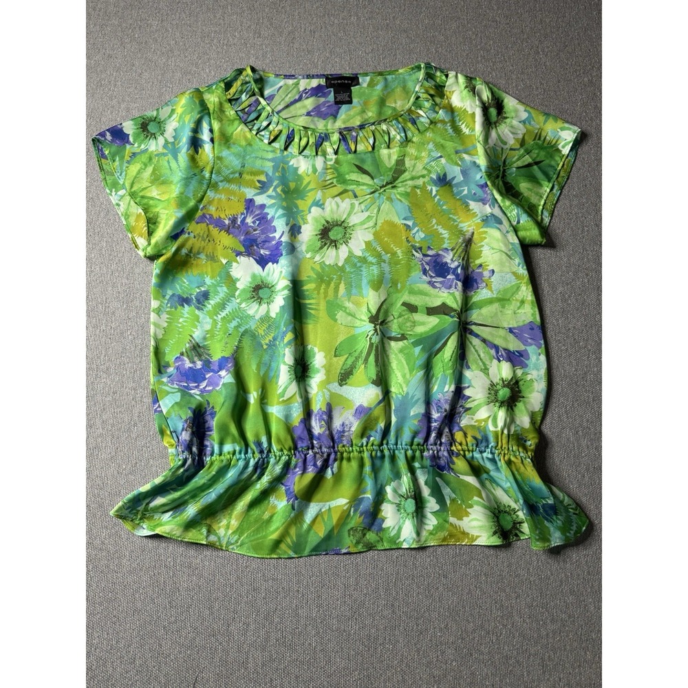 Spense Women's Green Floral Large Scoop Neck Short Sleeve  blouse With Peplum.